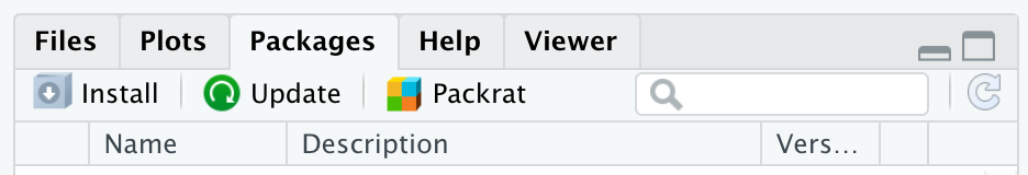 Image of the Packages Pane, which is Found in the Bottom Right Corner of the RStudio IDE, along with the Files, Plots, Help, and Viewer Panes